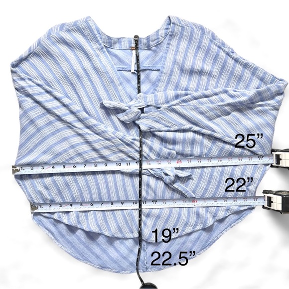 Free People Tie Sleeve Blue White Pinstripe V Neck Dolman Long Sleeve Top - Picture 16 of 16